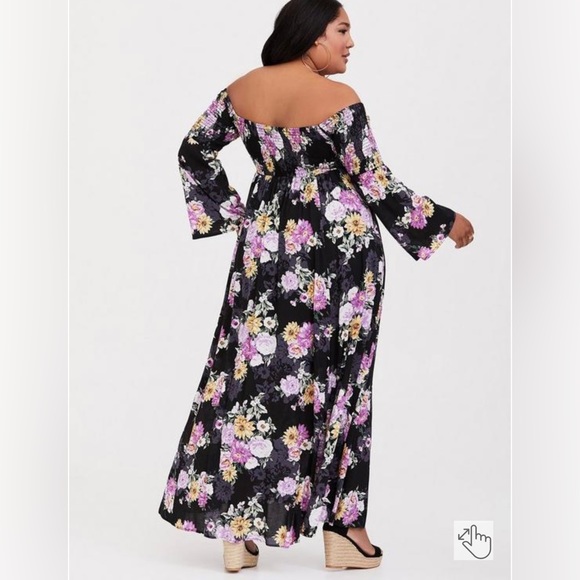 NWT Torrid Black Floral Challis off shoulder maxi dress bell sleeve smocked 2x - Picture 2 of 4